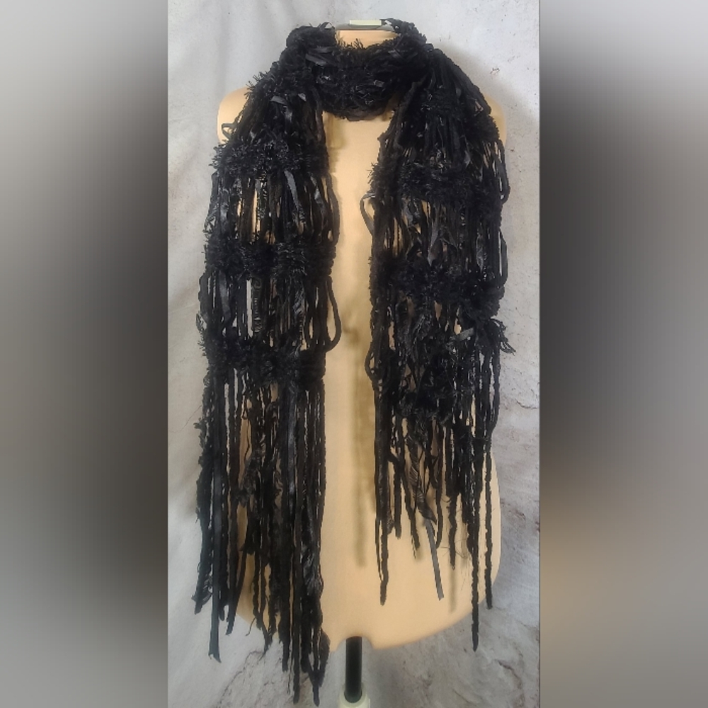 Gorgeous Black Fringe Ribbon Scarf Open Weave